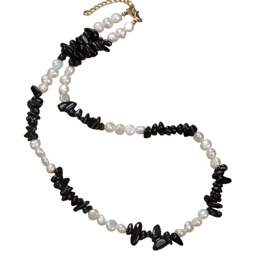 Biwa Pearl Black Obsidian Necklace 20 inches